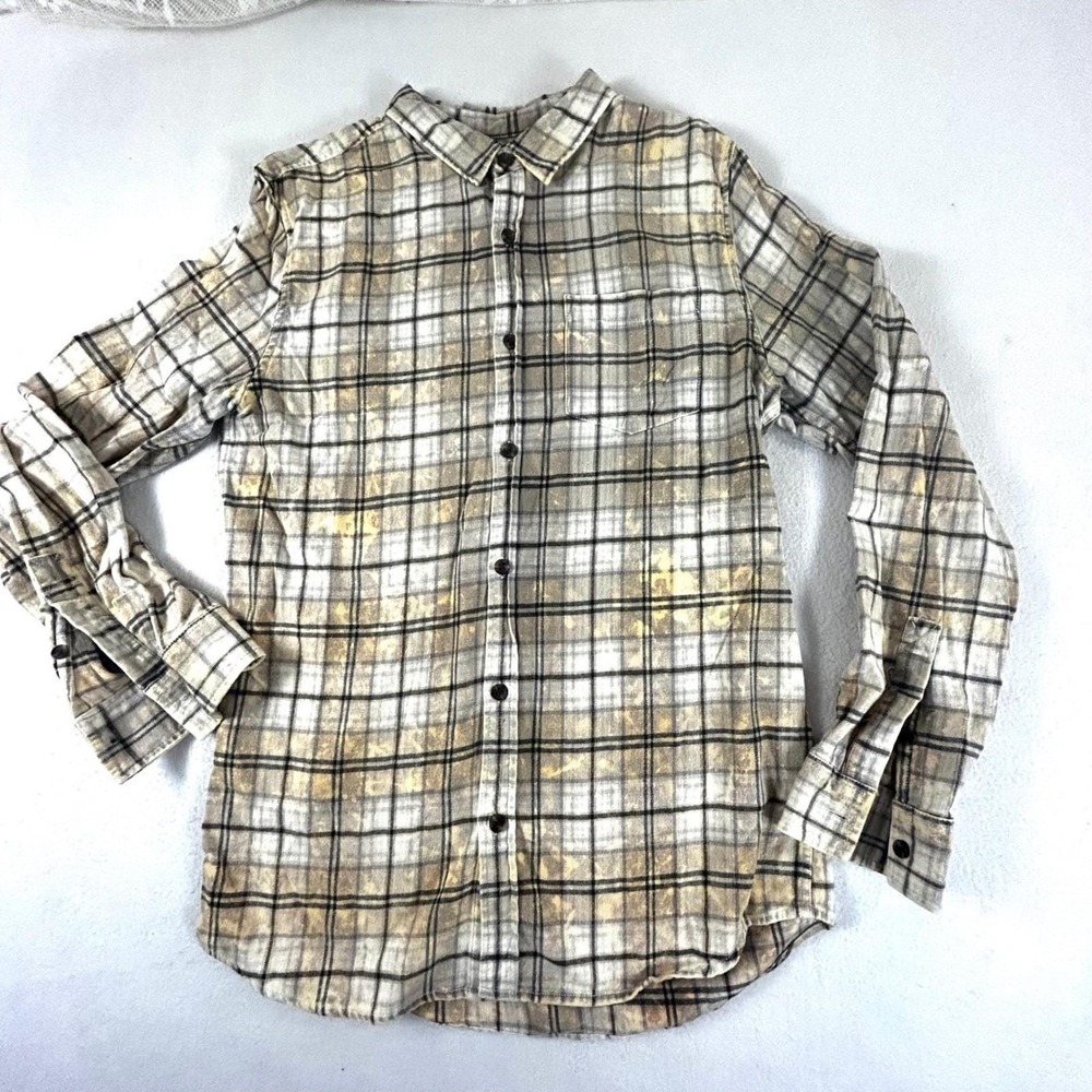 PacSun Button Down Shirt Women Medium Tan Distressed Bleached Grunge Streetwear